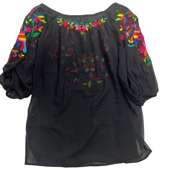 SIZE M Roja Mexican Style Embroidered Black Sheer Peasant Top Folk Art Otomi - Picture 9 of 10